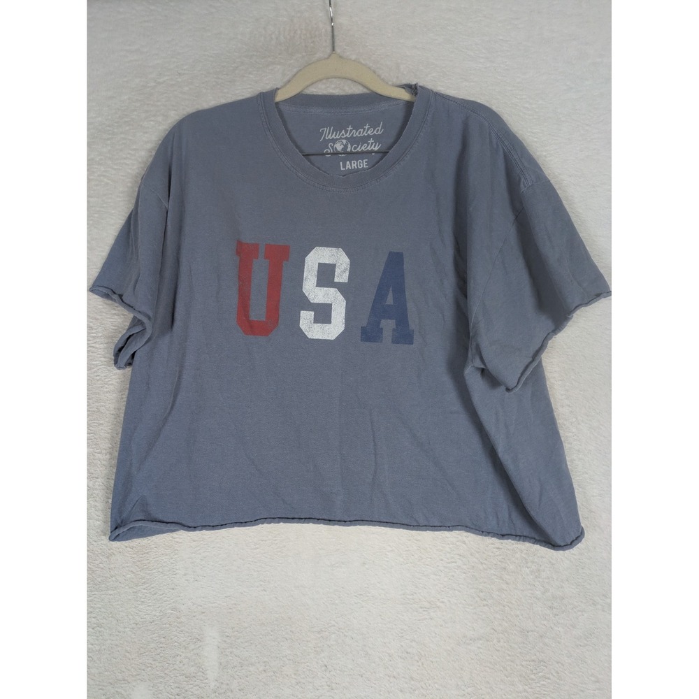 Illustrated Society Crop Top Women's Large Blue USA Graphic Raw Hem Relaxed Fit